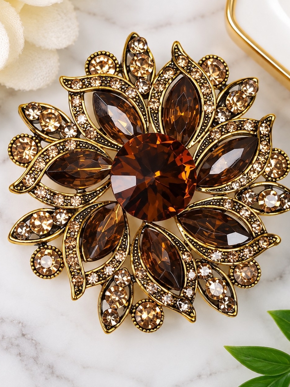 Vintage Style Amber Crystal Floral Brooch